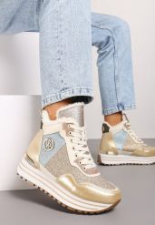 Złote Płaskie Sznurowane Botki w Sportowym Stylu z Metalicznym Wykończeniem Benalin. Żółte obuwie sportowe damskie Renee, na zimę, z jeansu, bez zapięcia. Za 119.99 zł.