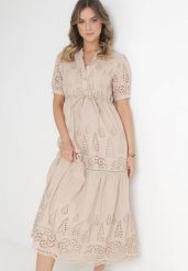 Beżowa Haftowana Sukienka Maxi ze Ściągaczem w Talii Erlina. Brązowe sukienki damskie Born2be, bez wzorów, z tkaniny, bez ramiączek. Za 269.99 zł.