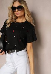 Czarny T-shirt z Cyrkoniami w Różnych Kolorach Varcia. Czarne t-shirty damskie Renee, m, bez wzorów, z jeansu, bez kołnierzyka. Za 34.99 zł.