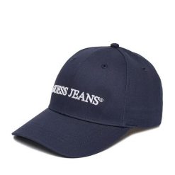 Czapka z daszkiem Guess Jeans. Niebieskie czapki z daszkiem damskie Guess Jeans, z aplikacjami, z jeansu. Za 99.99 zł.