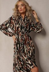 Czarna Sukienka Rozkloszowana w Abstrakcyjny Wzór Koso. Czarne sukienki damskie Renee, bez wzorów, klasyczne, bez ramiączek. W wyprzedaży za 151.99 zł.
