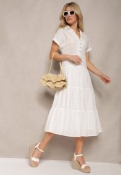 Biała Ażurowa Sukienka z Bawełny z Krótkim Rękawem i Guzikami Obitha. Białe sukienki damskie Renee, w ażurowe wzory, z bawełny, eleganckie, bez ramiączek. W wyprzedaży za 119.99 zł.