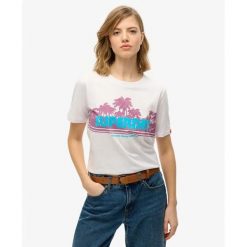 T-shirt casual w paski dla kobiet Superdry. Białe t-shirty damskie Superdry, bez wzorów, bez kołnierzyka. W wyprzedaży za 151.95 zł.
