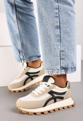 Ciemnobeżowe Sneakersy z Bieżnikiem i Wstawkami Timayla. Brązowe obuwie sportowe damskie Born2be, z jeansu, bez zapięcia. Za 99.99 zł.