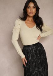Jasnobeżowy Sweter z Wiskozą Ozdobiony Bufiastymi Rękawami i Metaliczną Nicią Sanarelle. Brązowe swetry klasyczne damskie Renee, l, z dzianiny, bez kołnierzyka. Za 99.99 zł.