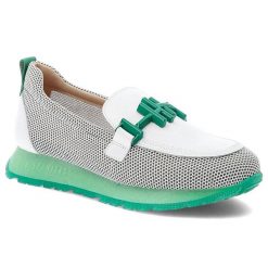 Biało-Zielone Półbuty Hispanitas Stylowe Wsuwane Obuwie Damskie. Białe półbuty damskie Hispanitas, z aplikacjami, z jeansu, bez obcasa, bez zapięcia. Za 599.00 zł.