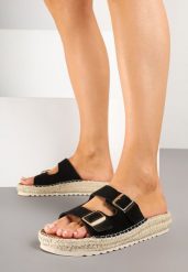 Czarne Klapki z Klamrami i Jutową Plecionką Karinn. Czarne klapki damskie Renee, bez wzorów, bez obcasa, na platformie, bez zapięcia. Za 59.99 zł.