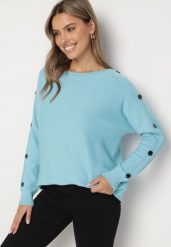 Jasnoniebieski Sweter z Dodatkiem Bawełny i Wiskozy z Guzikami na Rękawach Ciasine. Niebieskie swetry klasyczne damskie Born2be, plus size, z bawełny, bez kołnierzyka, plus size. Za 74.99 zł.