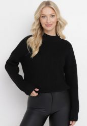 Czarny Sweter z Golfem o Prążkowanej Fakturze Afromava. Czarne golfy damskie Born2be, prążkowane, bez kołnierzyka. Za 74.99 zł.