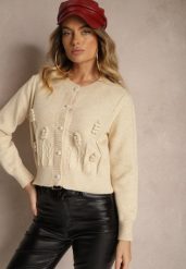 Beżowy Wiskozowy Kardigan z Guzikami Perełkami Brokatem Tłoczeniem i Kuleczkami Harirani. Brązowe kardigany damskie Renee, bez wzorów, z jeansu. Za 159.99 zł.
