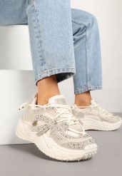 Beżowe Sneakersy z Cyrkoniami i Ozdobnym Sznurowaniem Sorvea. Brązowe obuwie sportowe damskie Renee, bez zapięcia, trekkingowe. Za 119.99 zł.