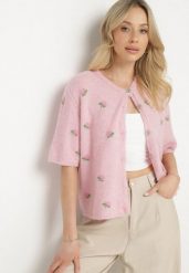Różowy Sweter Kardigan z Krótkim Rękawem z Wiskozą w Ozdobny Print Korinelia. Czerwone kardigany damskie Born2be, s, bez wzorów, z jeansu. Za 139.99 zł.