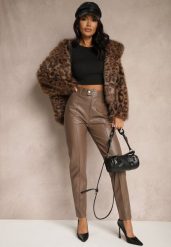Brązowe Spodnie o Kroju Slim High Waist z Imitacji Skóry Iritharia. Brązowe spodnie materiałowe damskie Renee, bez wzorów, z jeansu. Za 79.99 zł.