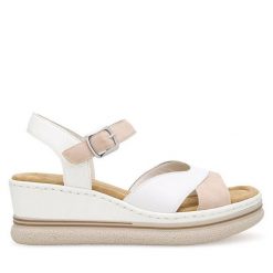 Sandały Rieker. Białe sandały damskie Rieker, bez wzorów, bez obcasa, na koturnie, bez zapięcia. Za 329.99 zł.