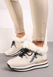 Beżowe Botki Sneakersy na Grubej Podeszwie z Futerkiem Biqilee. Brązowe obuwie sportowe damskie Born2be, bez zapięcia. Za 119.99 zł.