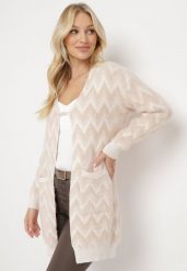 Beżowy Niezapinany Kardigan Przed Kolano w Paski Chevron Afesura. Brązowe kardigany damskie Born2be, bez wzorów, z dzianiny. Za 99.99 zł.