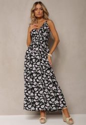 Czarna Bawełniana Sukienka na Cienkich Ramiączkach w Kwiecisty Wzór o Rozkloszowanym Fasonie Rosaq. Czarne sukienki damskie Renee, bez wzorów, z bawełny, eleganckie, bez ramiączek. W wyprzedaży za 43.99 zł.