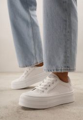 Białe Klasyczne Trampki na Grubej Podeszwie Araenes. Białe trampki damskie Born2be, bez wzorów, z jeansu, bez zapięcia. Za 74.99 zł.