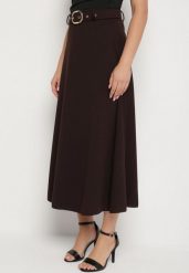 Brązowa Rozkloszowana Spódnica z Wysokim Stanem Ozdobiona Paskiem z Klamrą Lobira. Brązowe spódnice damskie Born2be, na co dzień, uniwersalny, bez wzorów, eleganckie, maxi. Za 69.99 zł.