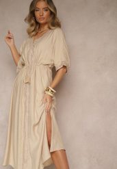 Beżowa Sukienka z Wiskozy Ozdobiona Ażurowymi Wstawkami Aloviana. Brązowe sukienki damskie Renee, w ażurowe wzory, z wiskozy, eleganckie, bez ramiączek. W wyprzedaży za 135.99 zł.