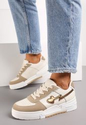 Ciemnobeżowe Sznurowane Sneakersy na Grubej Podeszwie z Brokatowym Zdobieniem Anaieli. Brązowe obuwie sportowe damskie Renee, bez zapięcia. Za 99.99 zł.