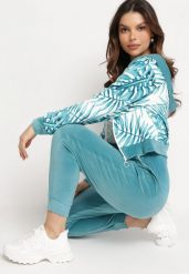 Miętowy Komplet Dresowy z Weluru Bluza z Kapturem z Ozdobnym Wzorem i Spodnie Grouvia. Zielone bluzy damskie Born2be, m, bez wzorów, z dresówki, z kapturem. Za 64.99 zł.
