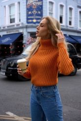 Sweter z Golfem o Prążkowanym Splocie - Pomarańczowy. Brązowe golfy damskie MOE, l, z materiału, bez kołnierzyka. Za 220.90 zł.