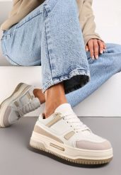 Beżowe Sneakersy ze Wstawkami z Ekozamszu na Grubej Podeszwie Anecta. Brązowe obuwie sportowe damskie Renee, z jeansu, bez zapięcia. Za 79.99 zł.