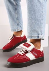 Czerwone Sneakersy na Grubej Podeszwie z Kontrastującymi Wstawkami i Wywiniętym Językiem Mirinae. Czerwone obuwie sportowe damskie Born2be, z materiału, bez zapięcia. Za 79.99 zł.
