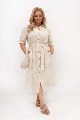 Beżowa sukienka koszulowa w cytrynki Lemone z paskiem – bawełna i len OVERSIZE PLUS SIZE LATO. Brązowe sukienki damskie Moda Size Plus Iwanek, bez wzorów, z bawełny, biznesowe, bez ramiączek. Za 349.90 zł.