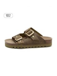 Teegu Skórzane klapki w kolorze khaki rozmiar: 42. Brązowe klapki damskie teegu, bez wzorów, z otwartym noskiem, bez obcasa, bez zapięcia. Za 195.99 zł.