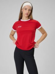 4F T-shirt regular z nadrukiem damski - czerwony M. Czerwone t-shirty damskie 4F, m, bez wzorów, z dzianiny, bez kołnierzyka. Za 59.99 zł.