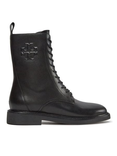 Tory Burch Botki Double T Combat Boot 154336 Czarny. Czarne botki damskie Tory Burch, ze skóry, bez obcasa, na płaskiej podeszwie, bez zapięcia. Za 1,429.00 zł.