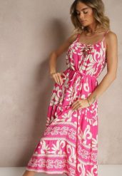 Różowa Rozkloszowana Sukienka z Wiskozy Zdobiona Broszką i Wiązaniem Marionela. Czerwone sukienki damskie Renee, z aplikacjami, z wiskozy, eleganckie, bez ramiączek. W wyprzedaży za 47.99 zł.