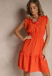 Pomarańczowa Rozkloszowana Sukienka z Wiskozą Bez Rękawów Lirabellae. Brązowe sukienki damskie Renee, bez wzorów, z bawełny, eleganckie, bez ramiączek. Za 44.99 zł.