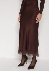 Brązowa Satynowa Spódnica z Koronkowym Zdobieniem Silfera. Brązowe spódnice damskie Born2be, na co dzień, l, z aplikacjami, z koronki, klasyczne, maxi. Za 119.99 zł.