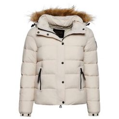Damska krótka kurtka z kapturem i sztucznym futrem Superdry. Szare kurtki damskie Superdry, m, z aplikacjami, z nylonu, z kapturem. Za 497.00 zł.