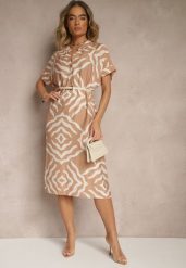 Beżowa Sukienka z Wiskozą Lnem i Geometrycznym Wzorem Sadelive. Brązowe sukienki damskie Renee, bez wzorów, z wiskozy, eleganckie, bez ramiączek. W wyprzedaży za 67.99 zł.