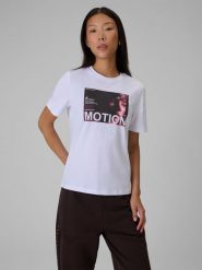 4F T-shirt relaxed z nadrukiem damski - biały M. Białe koszulki sportowe damskie 4F, l, bez wzorów, z bawełny, bez ramiączek. Za 69.99 zł.