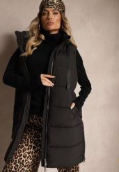 Czarna Długa Kamizelka z Ozdobnym Pikowaniem i Odpinanym Kapturem Neriora. Czarne kamizelki damskie Renee, l, bez wzorów, z jeansu. Za 189.99 zł.