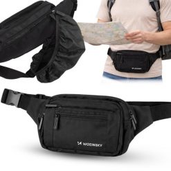 Saszetka nerka Wozinsky wodoodporna regulowana na pas ramię 6 kieszeni trekking. Czarne nerki i saszetki damskie WOZINSKY, bez wzorów. Za 59.99 zł.