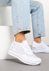Białe Sneakersy na Koturnie Ozdobione Metaliczną Aplikacją i Cyrkoniami Fasilna. Białe obuwie sportowe damskie Renee, na lato, bez zapięcia, trekkingowe. Za 109.99 zł.