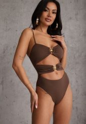 Brązowy Jednoczęściowy Strój Kąpielowy Na Cienkich Ramiączkach ze Złotymi Ozdobami i Wycięciami Nonanoe. Brązowe komplety bielizny Renee, bez wzorów, z jeansu. Za 109.99 zł.