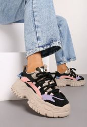 Czarne Sneakersy na Tłoczonej Platformie Wykończone Podwójnym Sznurowaniem Elirica. Czarne obuwie sportowe damskie Renee, z jeansu, bez zapięcia. Za 109.99 zł.