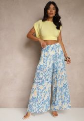 Niebieskie Spodnie High Waist Zdobione Plisami i Kwiatowym Printem Folamea. Niebieskie spodnie materiałowe damskie Renee, z aplikacjami, z jeansu. Za 89.99 zł.