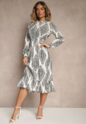 Biała Rozkloszowana Sukienka w Etniczny Print z Gumką w Talii i Falbanką Napirea. Białe sukienki damskie Renee, bez wzorów, eleganckie, bez ramiączek. W wyprzedaży za 83.99 zł.