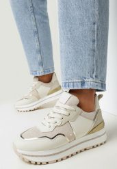 Beżowe Sneakersy Przed Kostkę z Grubą Podeszwą i Metalicznymi Zdobieniami Azaya. Brązowe obuwie sportowe damskie Born2be, przed kostkę, bez zapięcia. Za 109.99 zł.