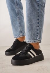 Czarne Skórzane Sneakersy na Grubej Podeszwie Ozdobione Paskami i Perforacją Wiefia. Czarne obuwie sportowe damskie Born2be, z jeansu, bez zapięcia. Za 179.99 zł.