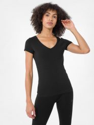 4F T-shirt slim gładki damski S. Czarne t-shirty damskie 4F, s, bez wzorów, z bawełny, bez kołnierzyka. Za 49.99 zł.