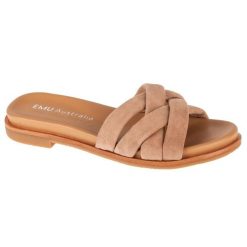 Klapki Emu Australia Ikara W13054-CAME beżowy. Brązowe klapki damskie bez wzorów, z gumy, bez obcasa, bez zapięcia. Za 501.90 zł.